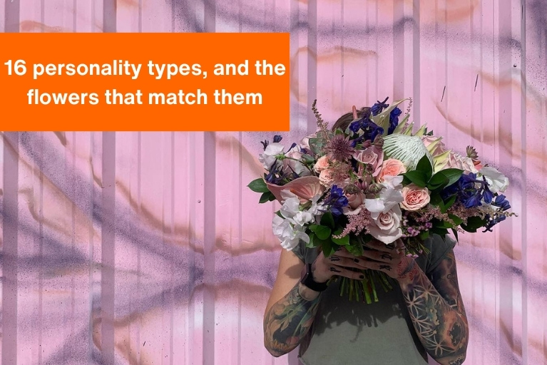 person holding a flower arrangement that covers their face, the text '16 personality types and the flowers that match them' in an orange box to the left side.