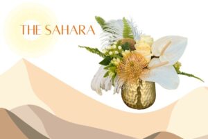 photo of a flower arrangement in a gold vase, the text 'the sahara' to the left with a desert scene in the background